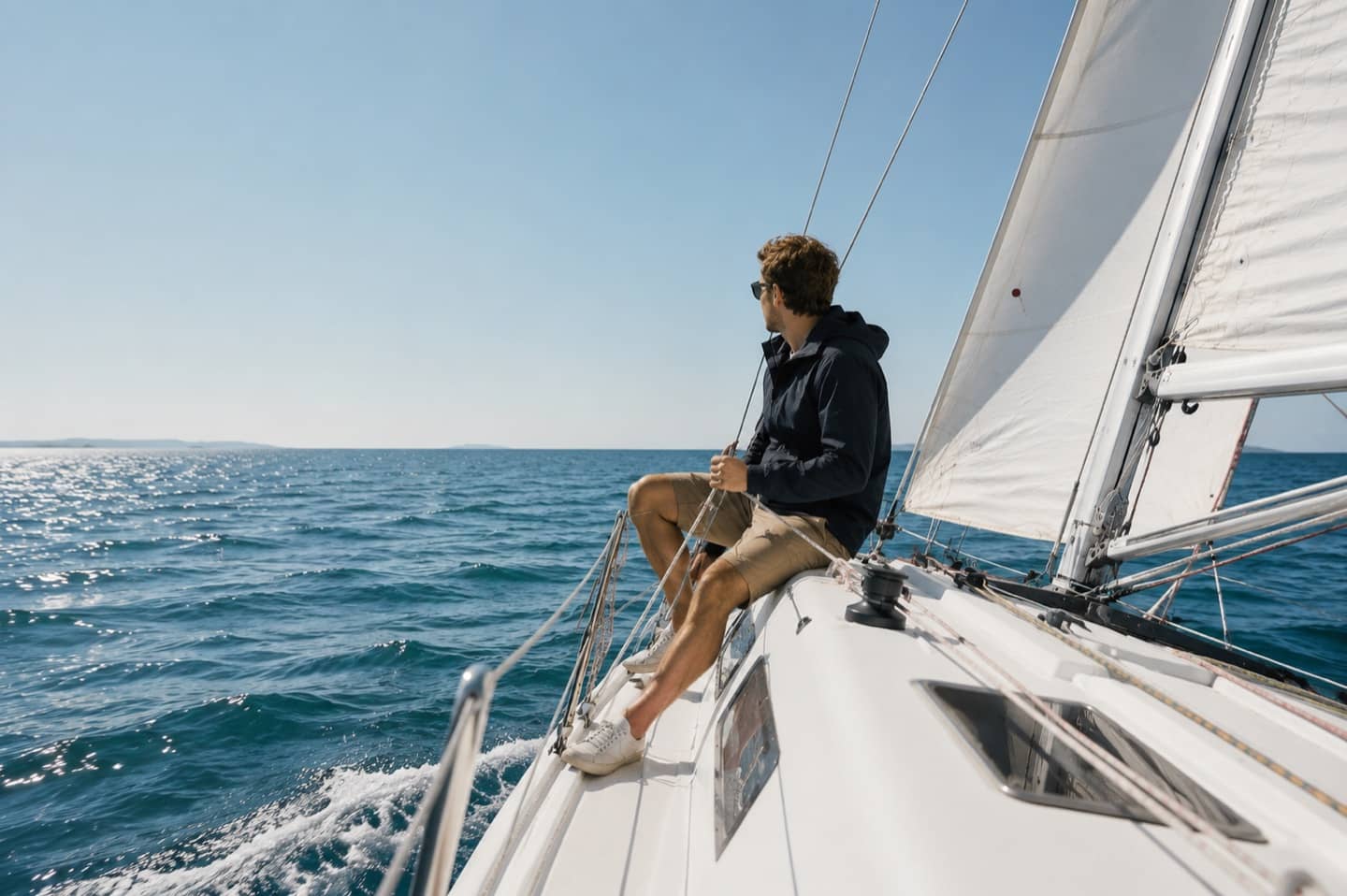 Sailor on the deck of a sailing yacht at sea